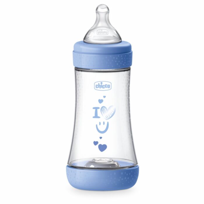 Chicco Plastic Baby Bottle Perfect 5 Anti-Colic with Silicone Nipple Blue 240ml For 2+ Months